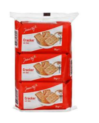 Jeden Tag Cracker mit Salz in einer Verkaufspackung mit drei Beuteln à 75 g
