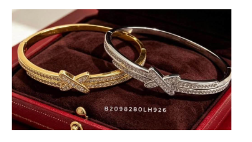 X-Design-Armbänder in Gold und Silber mit klaren Steinen auf rotem Schmuckkästchen