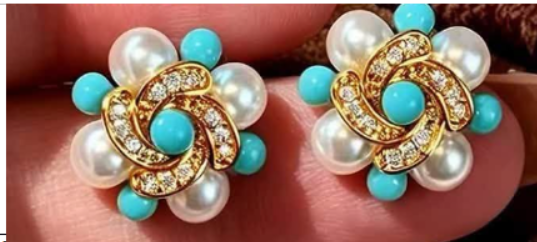 Turquoise & Pearl Floral Crystal Earrings – Gold/Türkis/Weiß, Paar