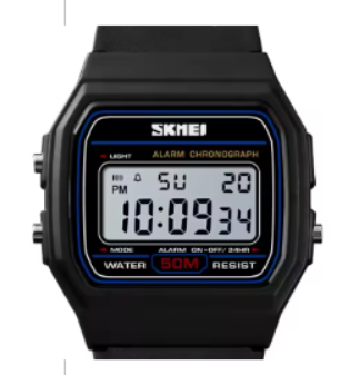 Schwarze SKMEI Digitaluhr mit heller Digitalanzeige und blauem Displayrahmen