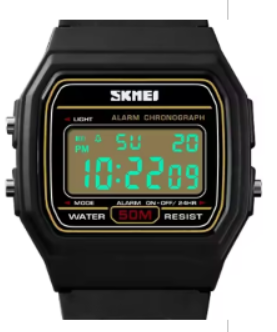 Schwarze SKMEI Digital-Sportuhr mit grünen Ziffern und Angaben auf dem Display