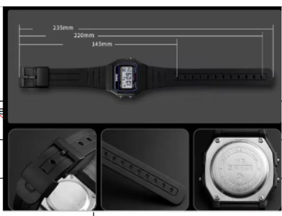 SKMEI Uhr mit Armband sowie Detailansichten von Verschluss und Gehäuserückseite
