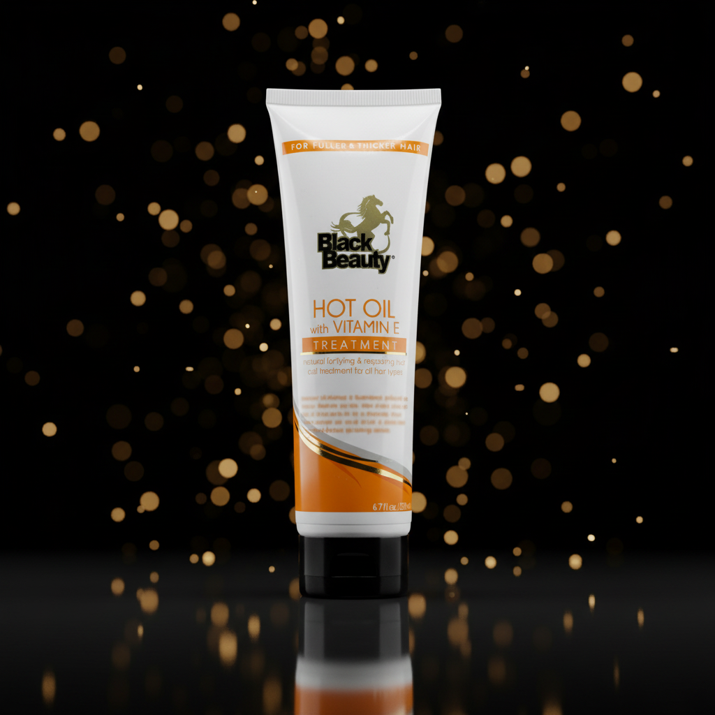 Black Beauty Hot Oil Treatment mit Vitamin E Tube vor schwarzem Hintergrund mit goldenen Lichtpunkten
