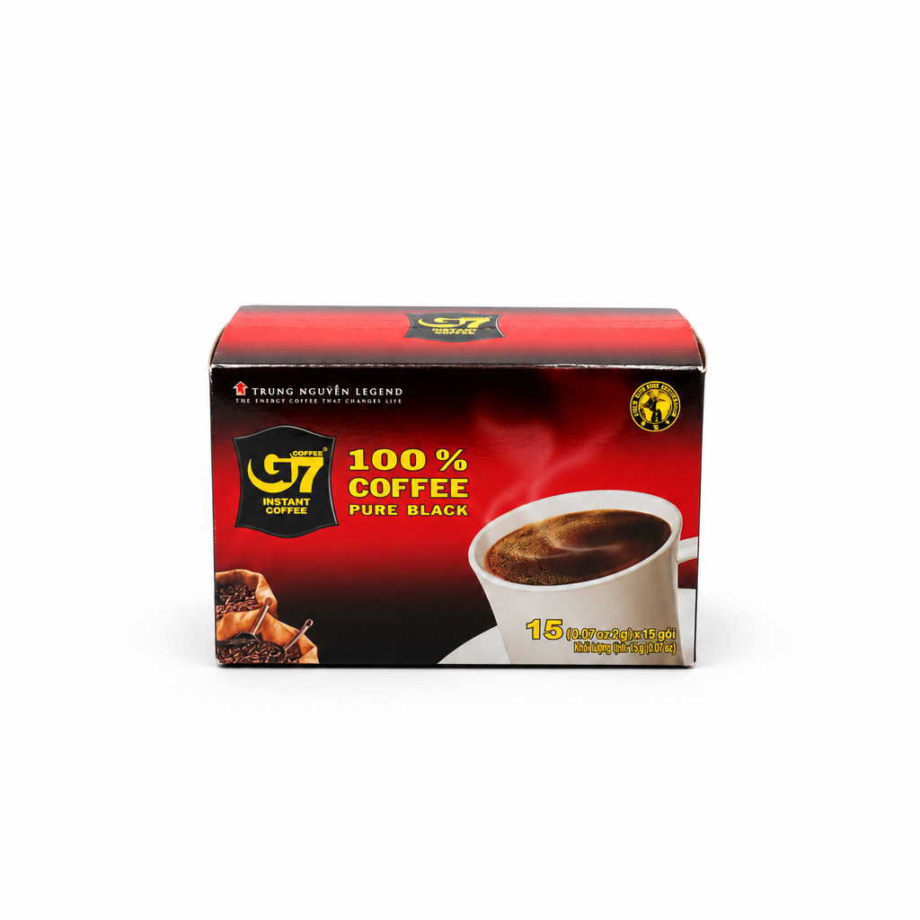 G7 Pure Black Instantkaffee auf weißem Hintergrund, ohne zusätzliches Shoplogo; G7-Herstellerverpackung bleibt erhalten