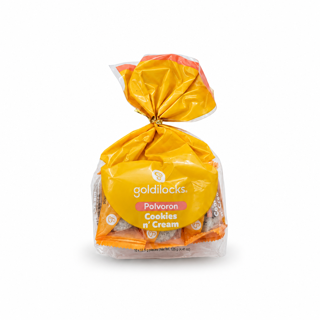 Goldilocks Polvoron Cookies n' Cream 125 g auf weißem Hintergrund, ohne zusätzliches Shoplogo; Herstellerverpackung bleibt erhalten