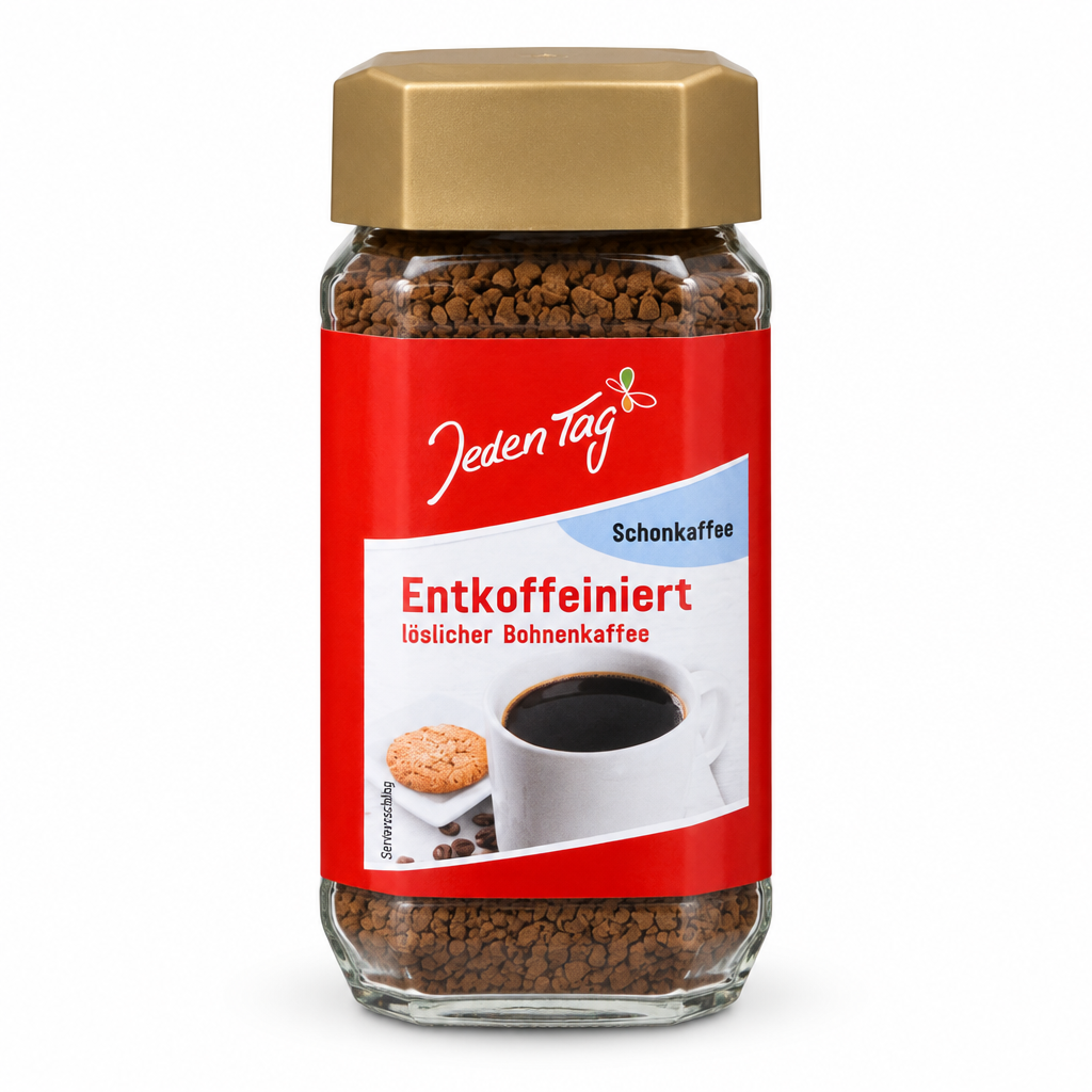 Ein einzelnes 100-g-Glas Jeden Tag entkoffeinierter Instantkaffee auf weißem Hintergrund