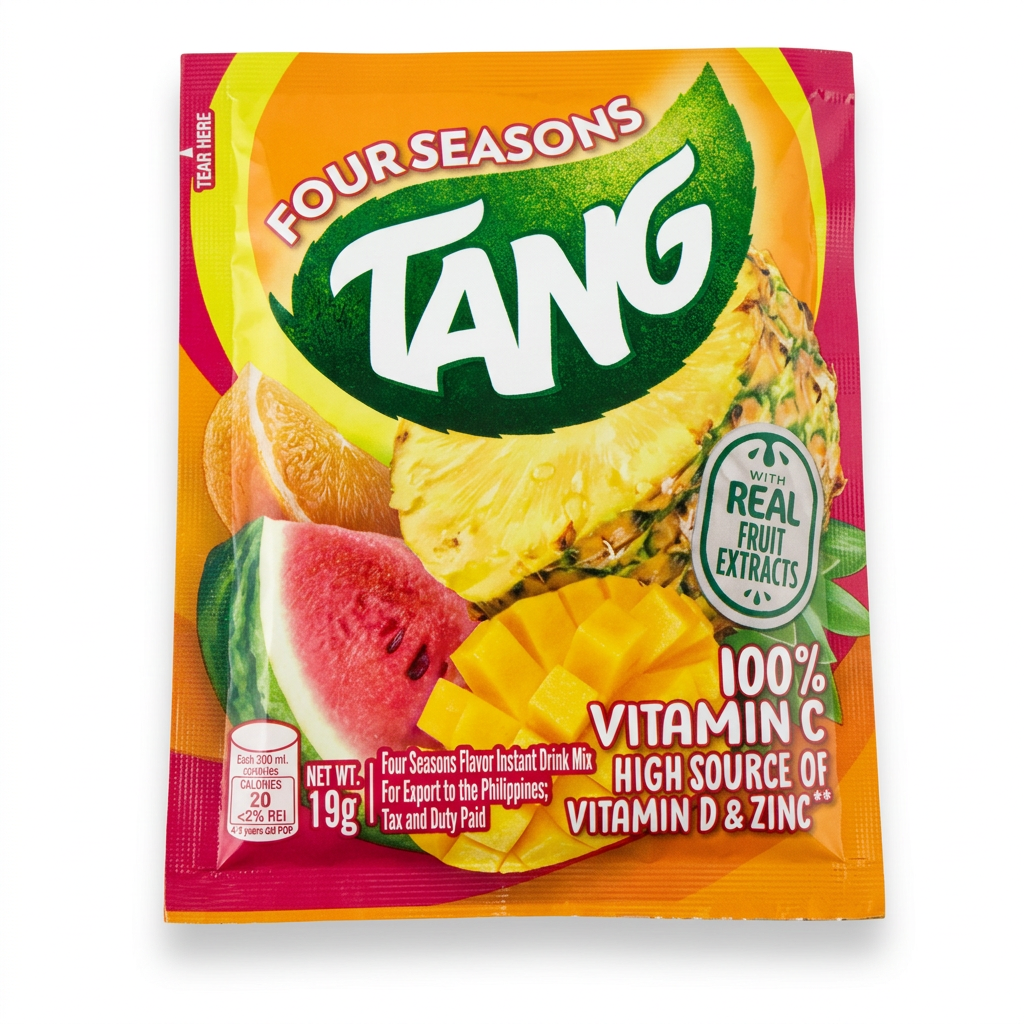 Tang Four Seasons Getränkepulver Einzelpackung, Vorderseite auf weißem Hintergrund