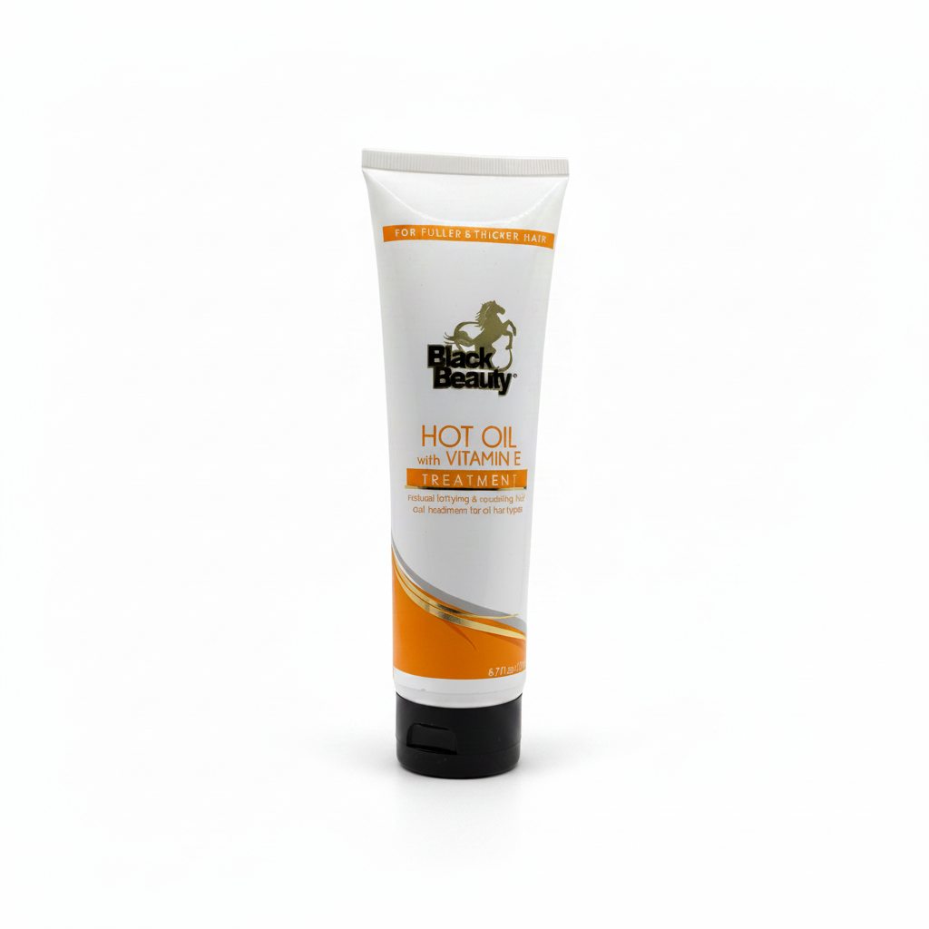 Black Beauty Hot Oil Treatment mit Vitamin E auf weißem Hintergrund ohne zusätzliches Shop-Logo
