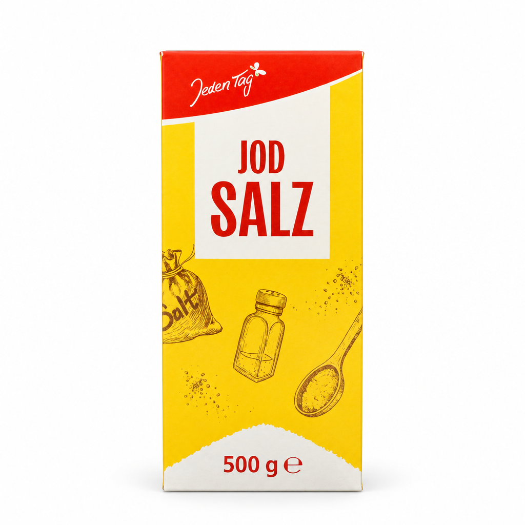 Einzelpackung Jeden Tag Jodsalz 500 g vor weißem Hintergrund