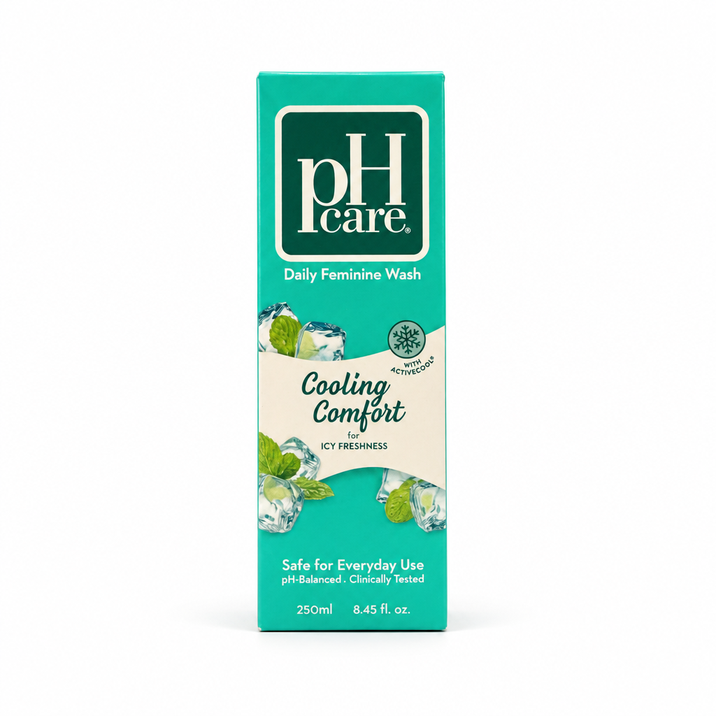 pH Care Daily Feminine Wash Cooling Comfort 250 ml auf weißem Hintergrund, ohne zusätzliches Shoplogo; Originalverpackung bleibt erhalten