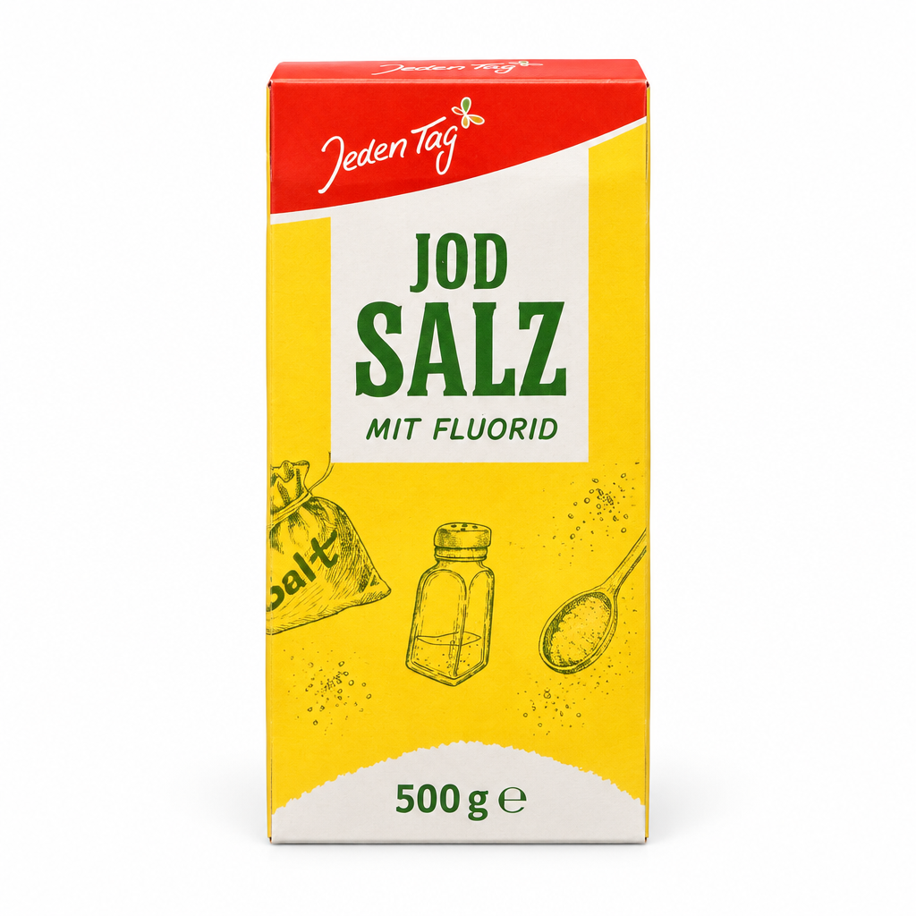 Eine einzelne 500-g-Packung Jeden Tag Jodsalz mit Fluorid, frontal vor weißem Hintergrund