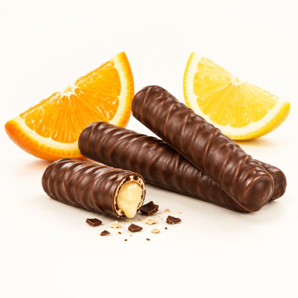 Illustrative Servieransicht von Schokoladen-Sticks mit Orange und Zitrone, kein Foto der Originalware