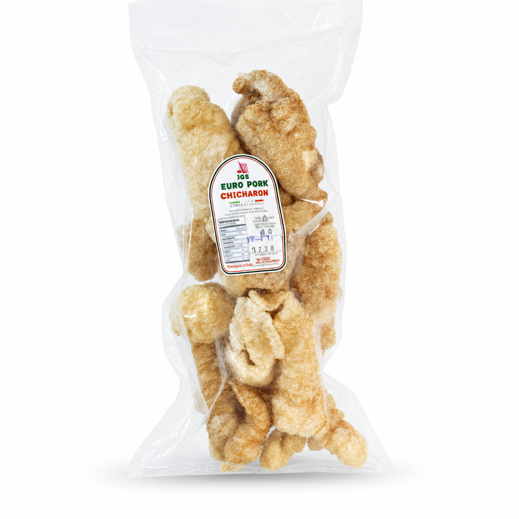 JC's Euro Pork Chicharon auf weißem Hintergrund, ohne zusätzliches Shoplogo; Herstellerkennzeichnung auf der Verpackung bleibt erhalten