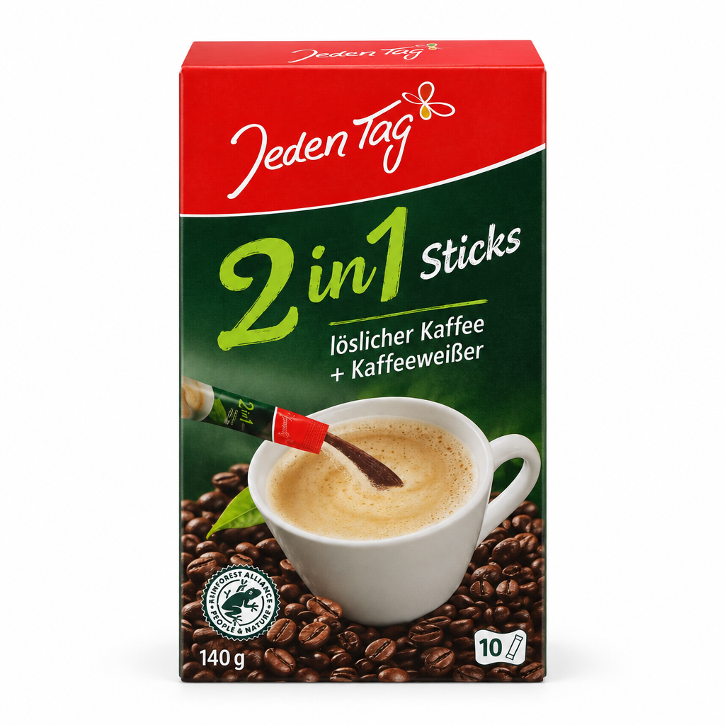 Jeden Tag 2in1 löslicher Kaffee mit Kaffeeweißer, Packung mit 10 Sticks à 14 g auf weißem Hintergrund