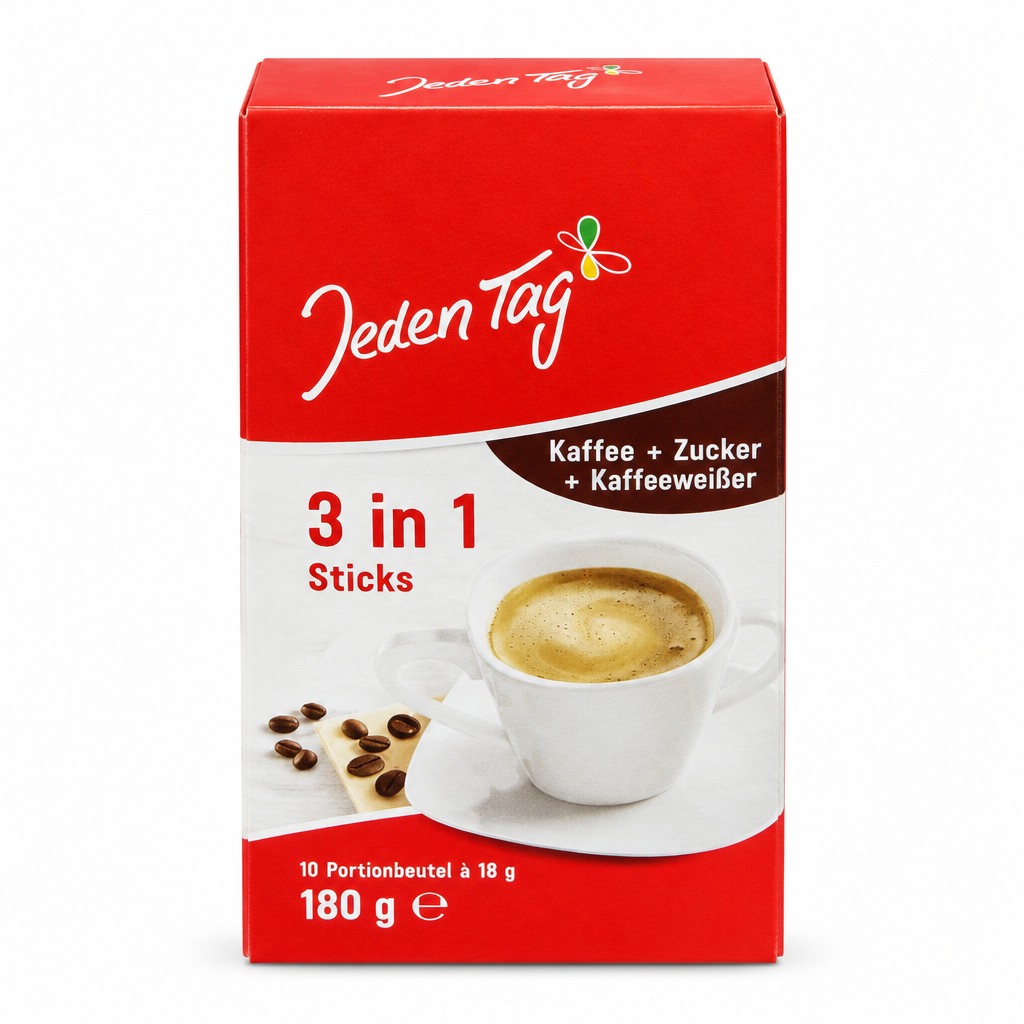 Jeden Tag 3in1-Kaffeesticks auf weißem Hintergrund