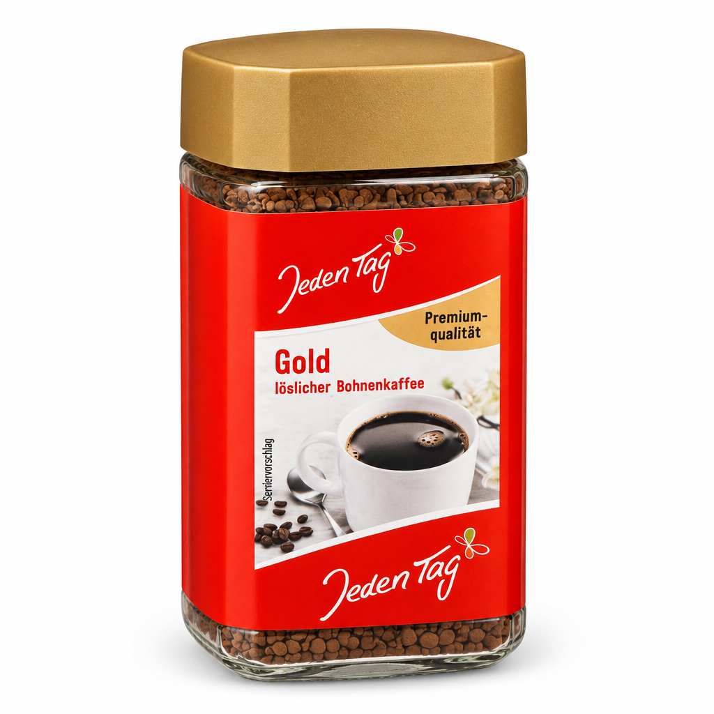 Jeden Tag Gold Kaffee, 100-g-Glas vor weißem Hintergrund