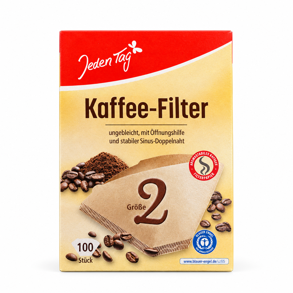 Jeden Tag Kaffeefilter Größe 2, 100 Stück, Vorderseite auf weißem Hintergrund