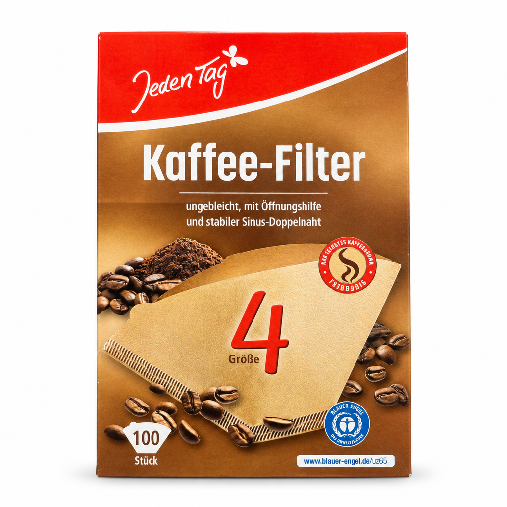 Jeden Tag Kaffeefilter Größe 4, 100 Stück, Vorderseite auf weißem Hintergrund