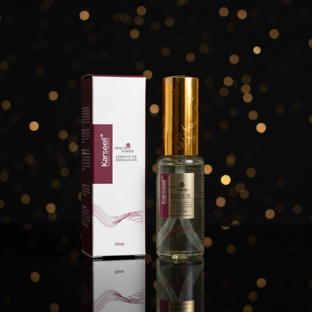 Karseell Maca Power Maca Essence Oil 30 ml mit Verpackung vor schwarzem Hintergrund mit goldenen Lichtpunkten
