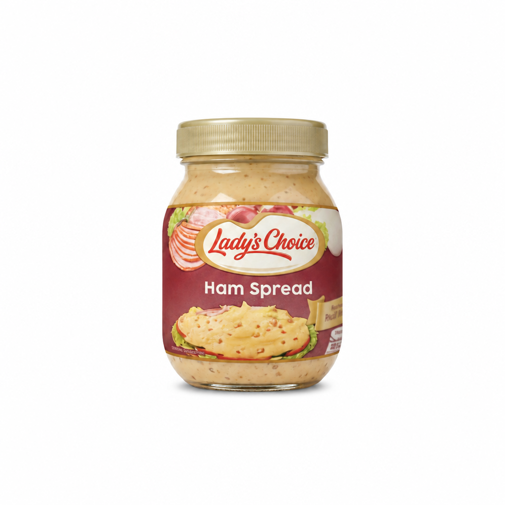 Lady's Choice Ham Spread 470 ml vor weißem Hintergrund, ohne zusätzliches KANOR'S BY KC Shoplogo; Herstellerlogo auf dem Glas bleibt erhalten