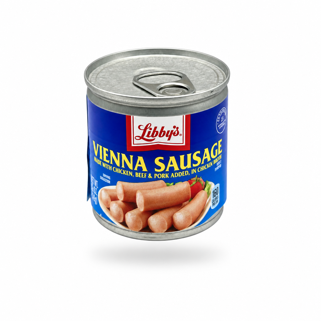 Libby's Vienna Sausage Dose vor weißem Hintergrund, ohne zusätzliches KANOR'S BY KC Shoplogo; Herstellerlogo auf der Dose bleibt erhalten