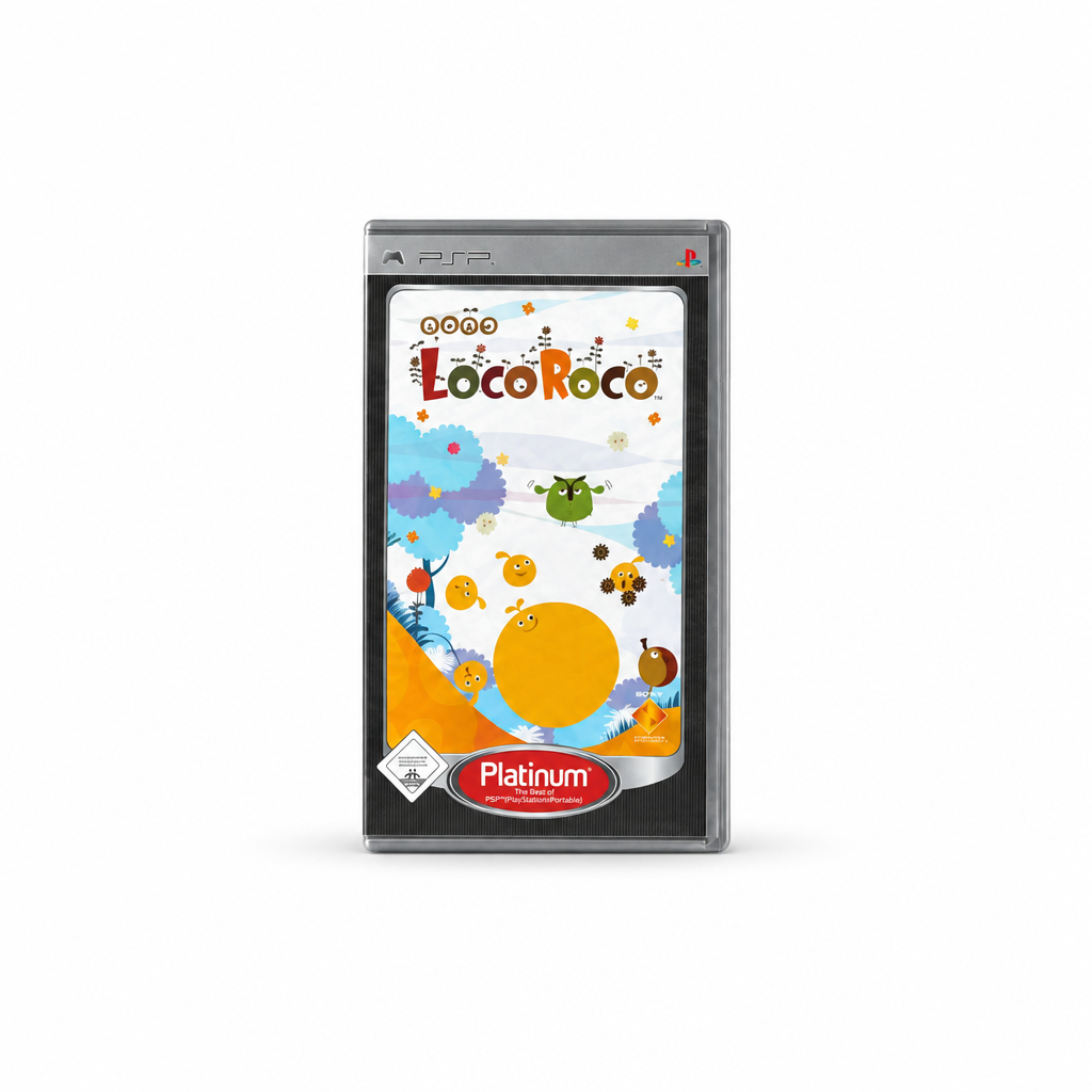 LocoRoco-Spiel für PSP in Originalverpackung vor weißem Hintergrund, ohne zusätzliches Shoplogo; Originalcover und Herstellerkennzeichen bleiben erhalten