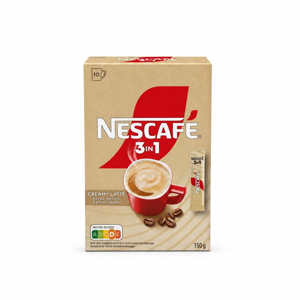 Nescafé 3-in-1 Creamy Latte 150 g auf weißem Hintergrund, ohne zusätzliches Shoplogo; Originalverpackung bleibt erhalten