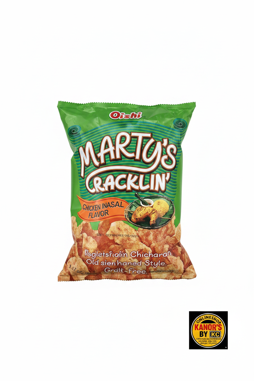 Oishi Marty's Cracklin' – Hochformat weißer Hintergrund mit Logo