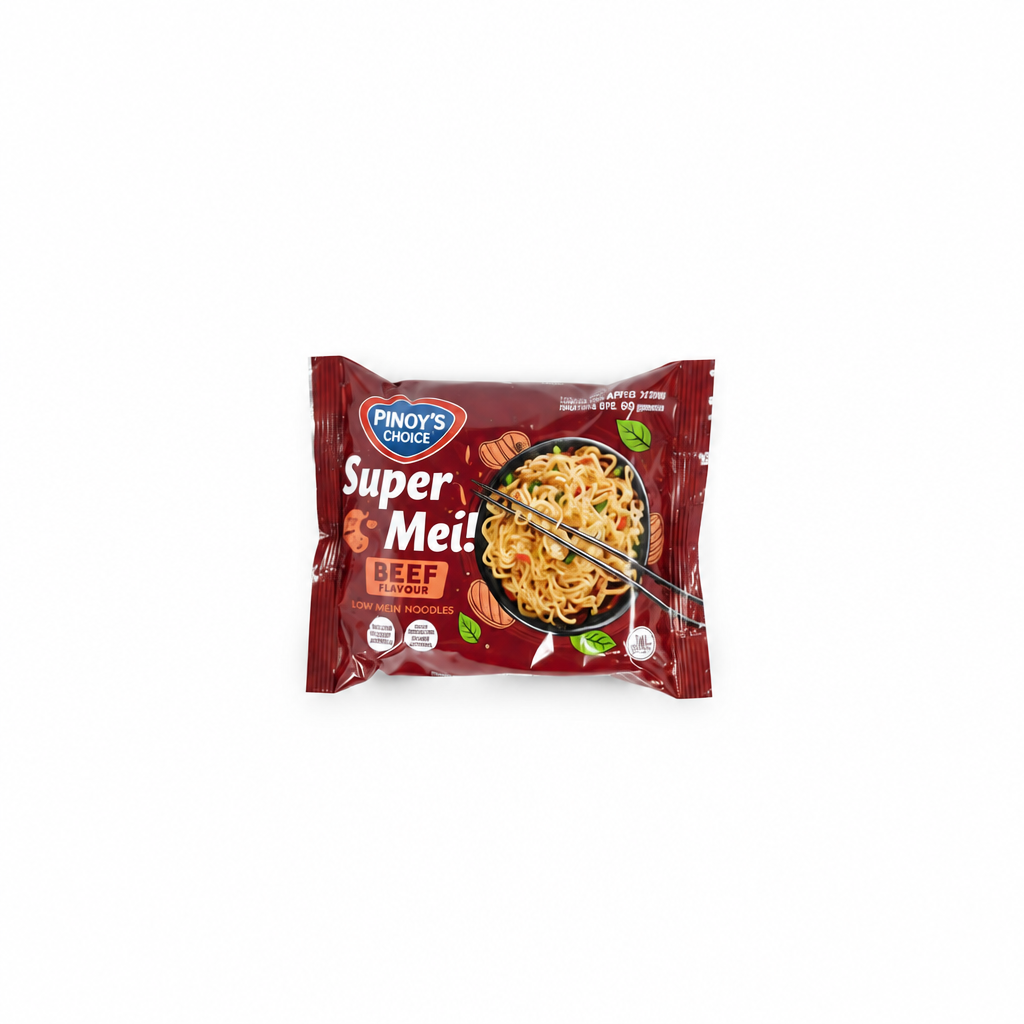 Pinoy's Choice Super Mei Low Mein Noodles Beef Flavor 60 g auf weißem Hintergrund, ohne zusätzliches KANOR'S BY KC Shoplogo; Herstellerlogo auf der Packung bleibt erhalten