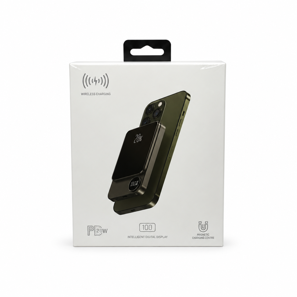 Powerbank-Originalverpackung auf weißem Hintergrund, ohne zusätzliches Shoplogo