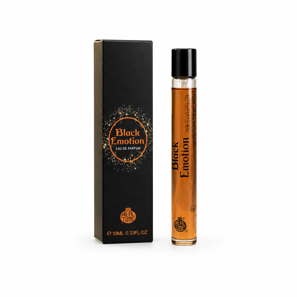 Real Time Black Emotion Eau de Parfum 10 ml Roll-On mit Schachtel auf weißem Hintergrund