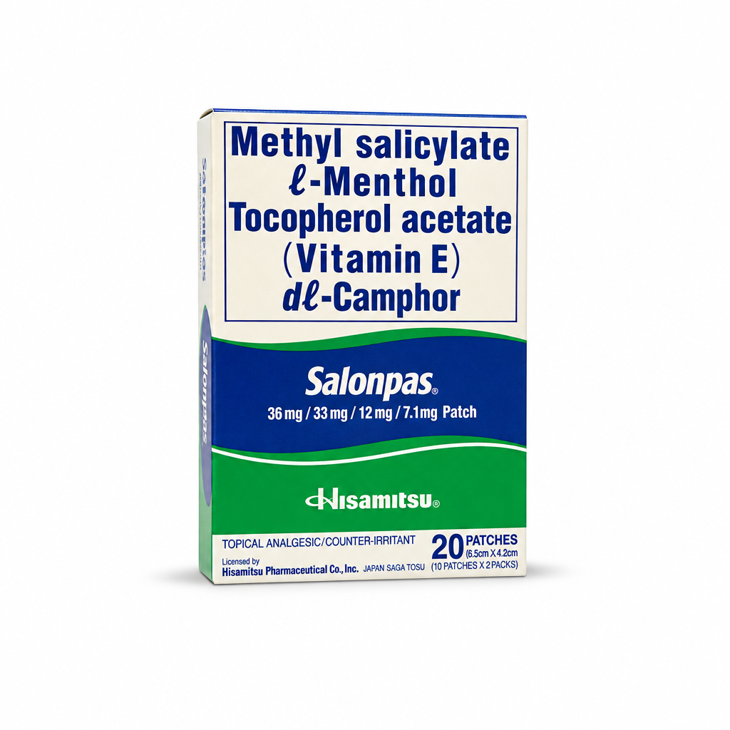 Salonpas 20 Pflaster in Originalpackung auf weißem Hintergrund, ohne zusätzliches Shoplogo; Salonpas- und Hisamitsu-Herstellerkennzeichen bleiben erhalten