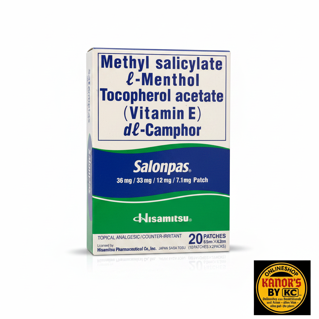 Salonpas Schmerzpflaster – weißer Hintergrund mit Logo